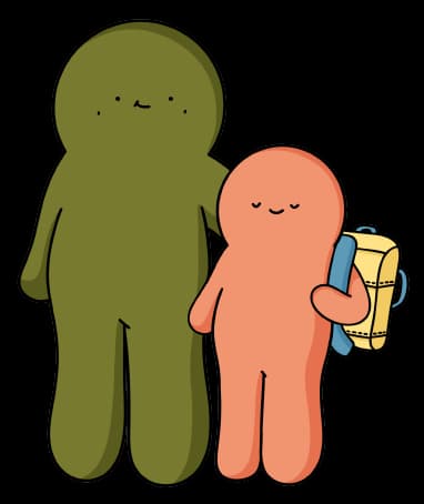 Two mascot characters, one holding a suitcase