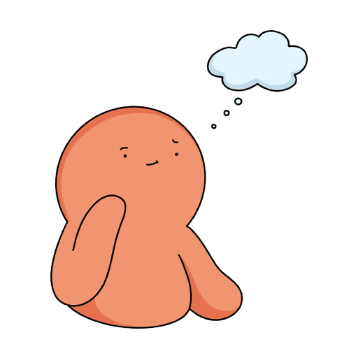 Mascot character sitting and thinking, with a thought bubble