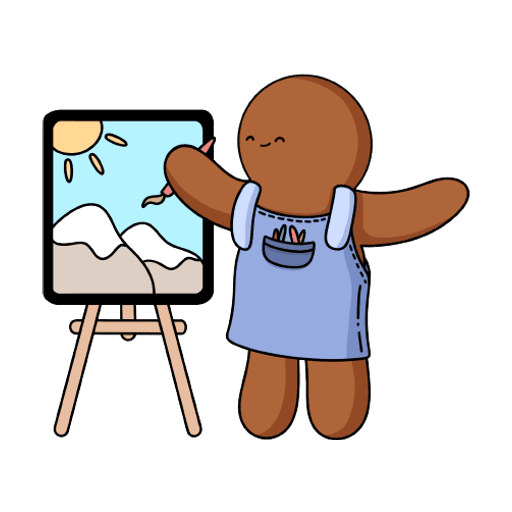 Mascot character painting a landscape at an easel